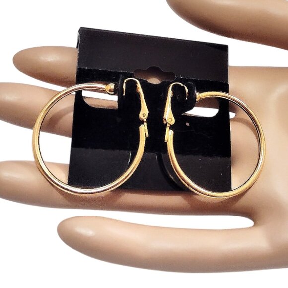 1 1/4" Polished 32mm Hoops Clip On Earrings Gold Plated 2mm Tube Round Smooth - Picture 1 of 5